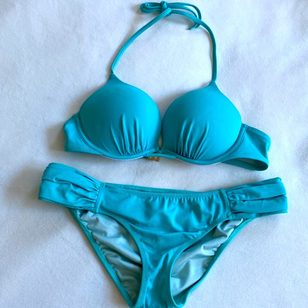 Bombshell Add 2 Cups Push up Swim‎ Set Teal Halter Bikini Top 34A Small